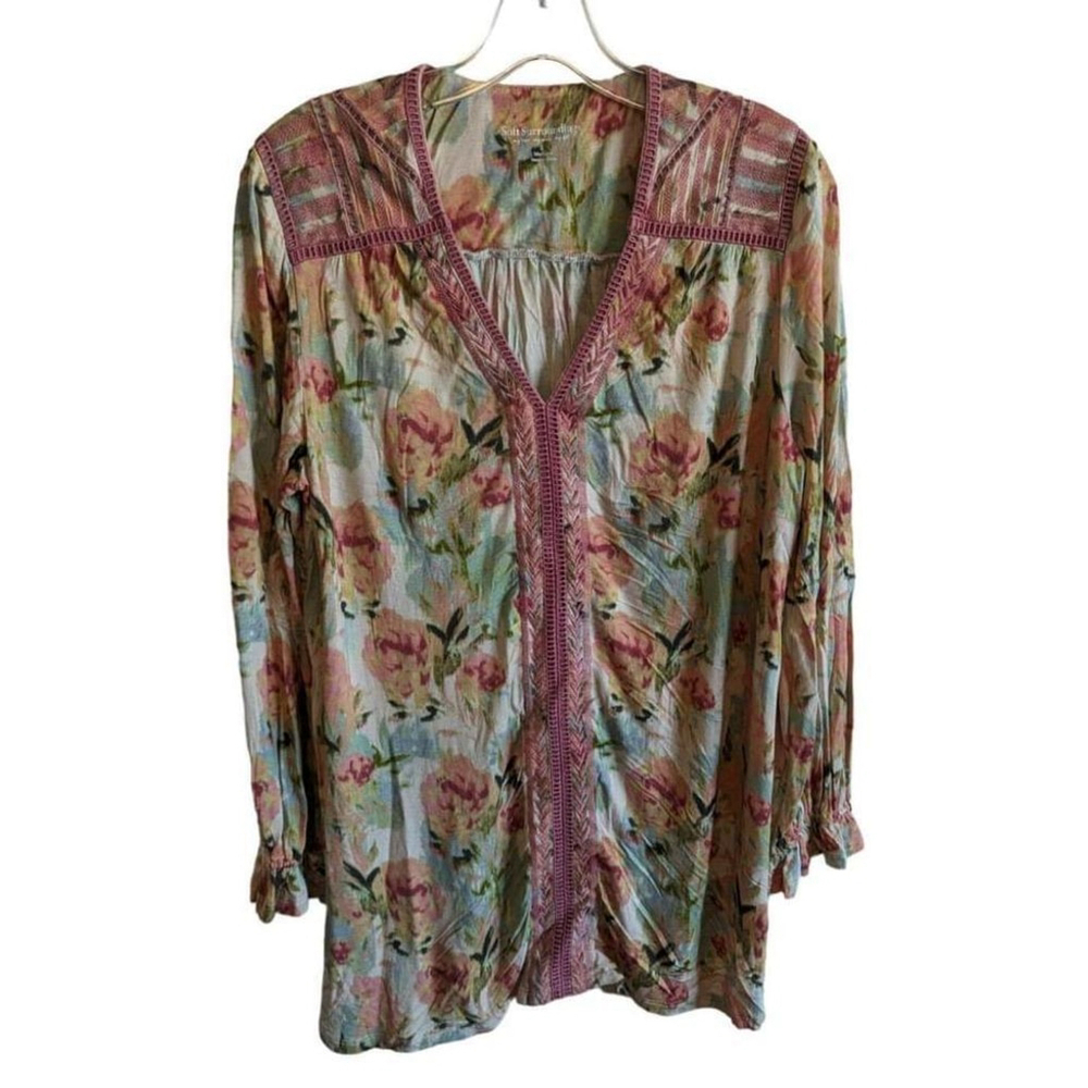 Soft Surroundings Floral Embroidered Cream Tunic with Pink Accents